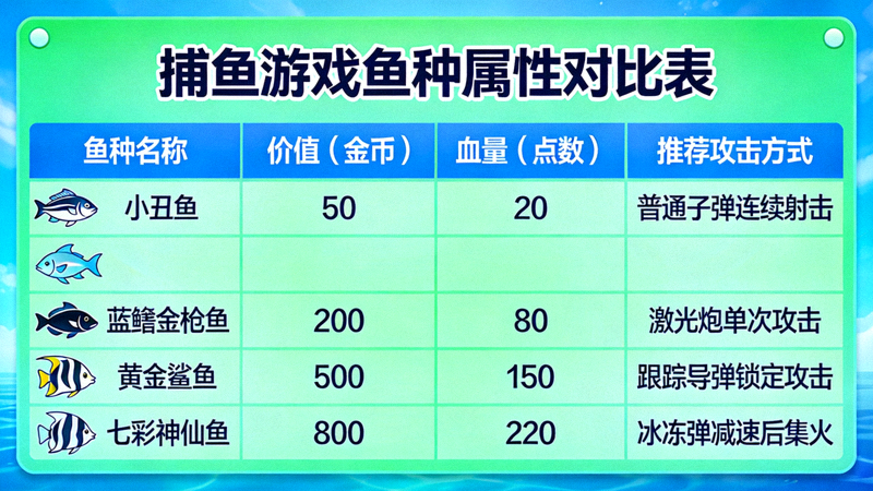 捕鱼游戏各类鱼种价值、血量与推荐攻击方式对比图表