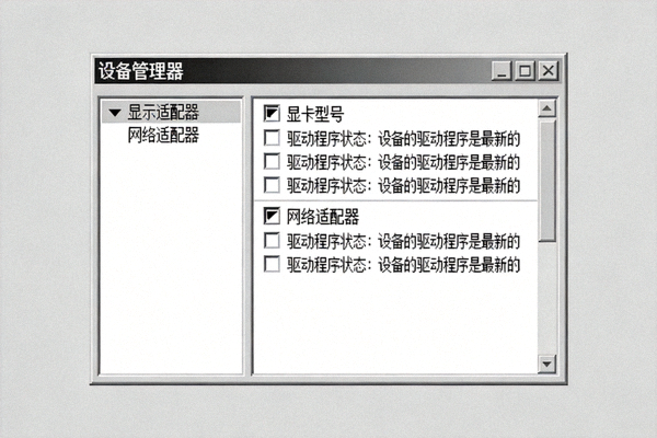 电脑设备管理器界面显示显卡、网络适配器等关键驱动程序均为最新版本的截图