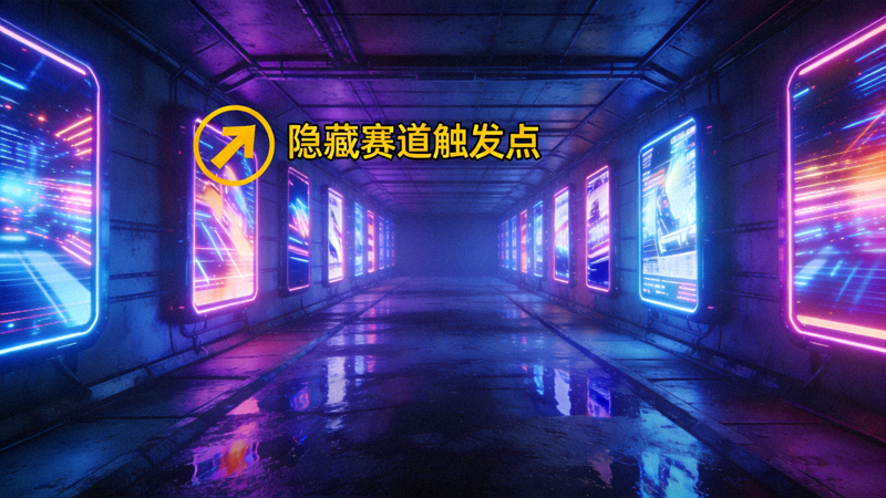 都市霓虹地图隧道内，标注了触发隐藏赛道的特定广告牌位置