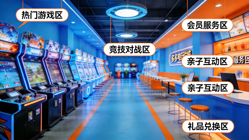 多多电玩城游戏大厅全景界面导览图，标注各功能区域