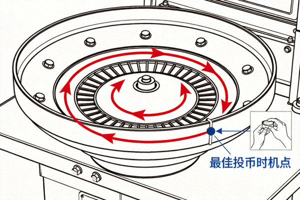 推币机推盘运动轨迹示意图，标注了最佳投币时机点