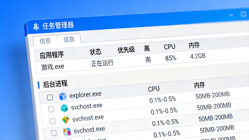 Windows任务管理器界面显示游戏进程占用高优先级，其他后台进程占用资源极低的对比截图